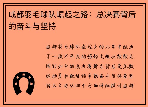 成都羽毛球队崛起之路：总决赛背后的奋斗与坚持